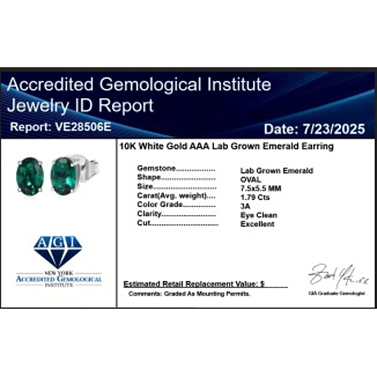 Luxuriant 9K White Gold AAA Lab Grown Emerald AGI Certified Solitaire Stud Push Post Earring 1.79 Ct.