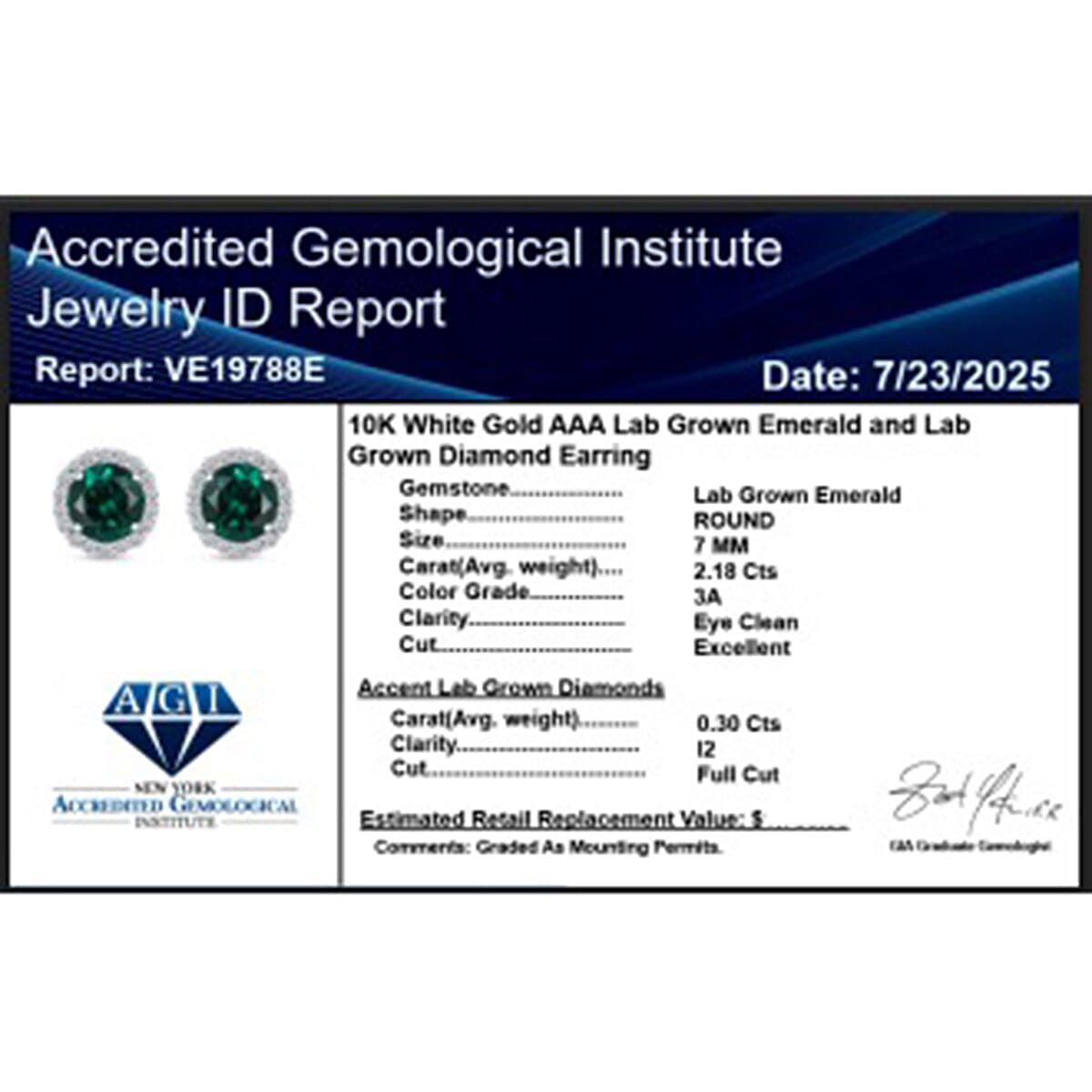 Luxuriant 9K White Gold AGI Certified Lab Grown Emerald & Lab Grown Diamond (I2) Earring with Push Back 2.48 Ct.