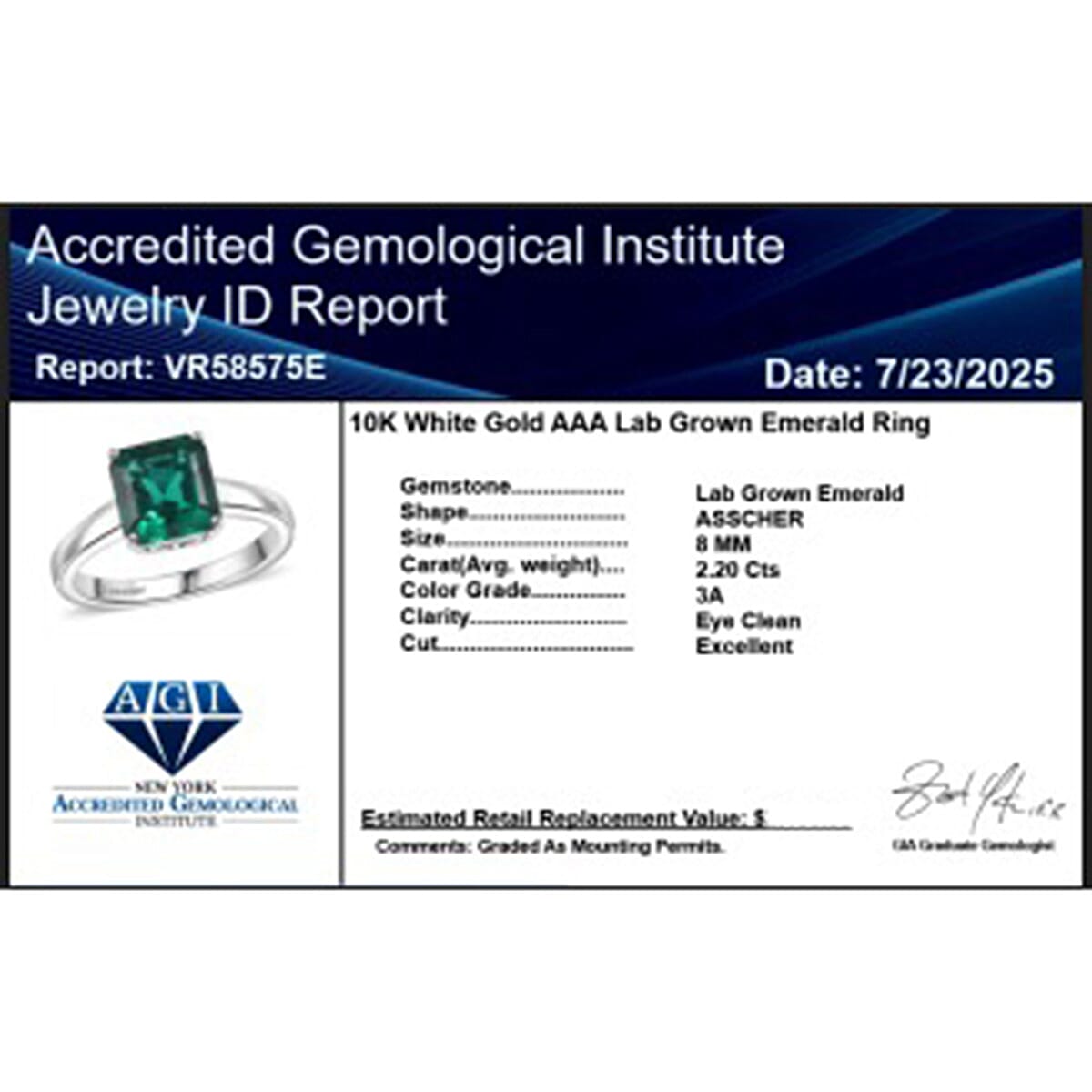 10K White Gold AAA Lab Grown Emerald Ring