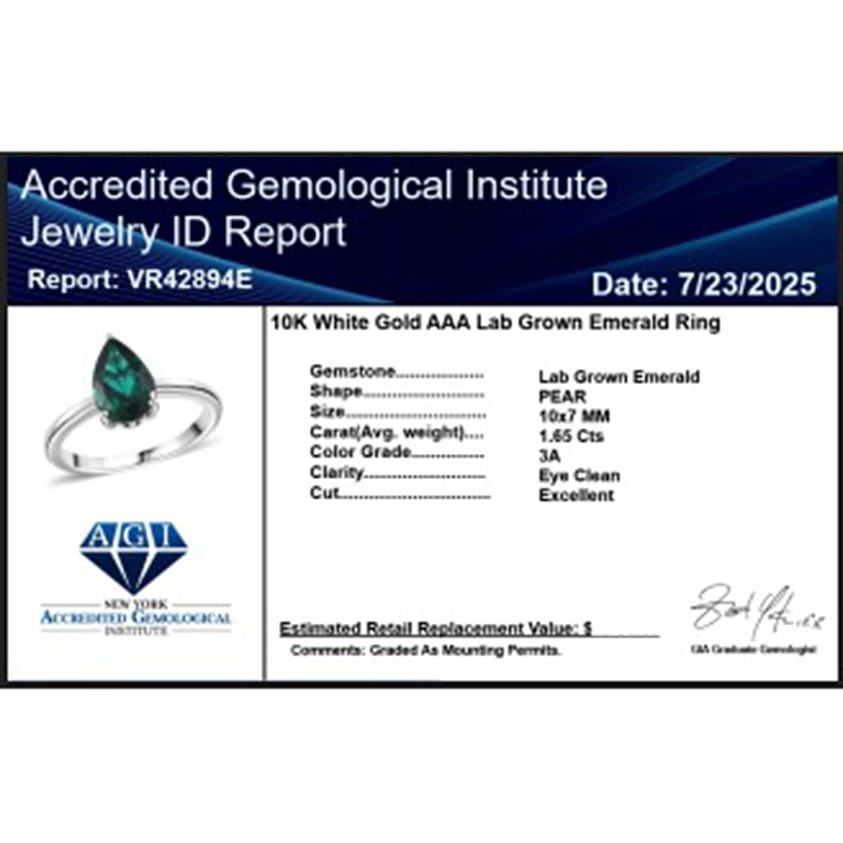 10K White Gold AAA Lab Grown Emerald Ring