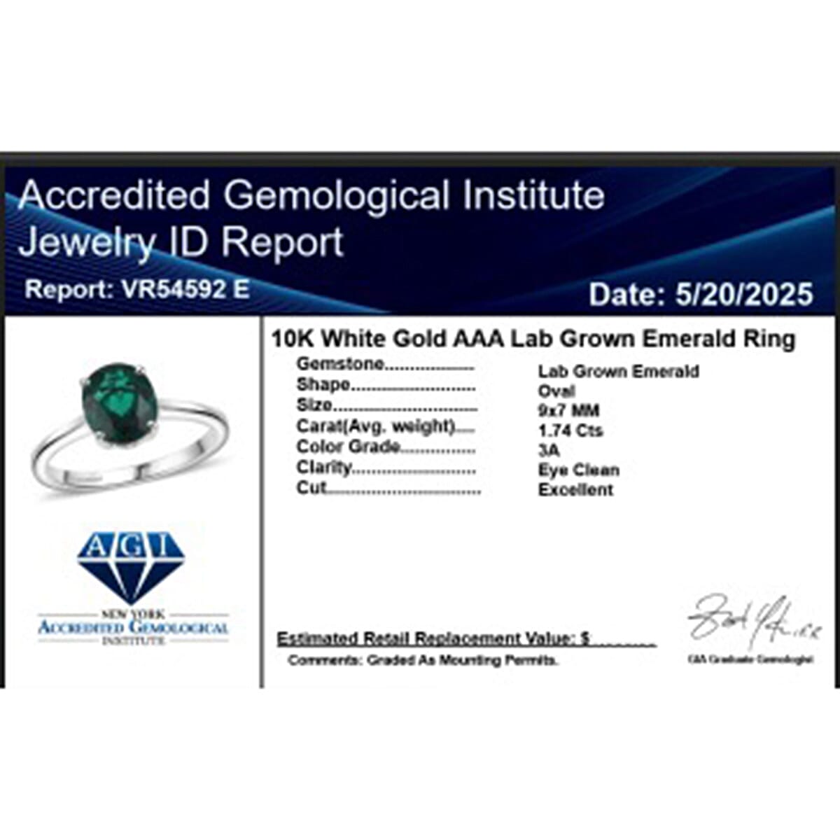 10K White Gold AAA Lab Grown Emerald Ring