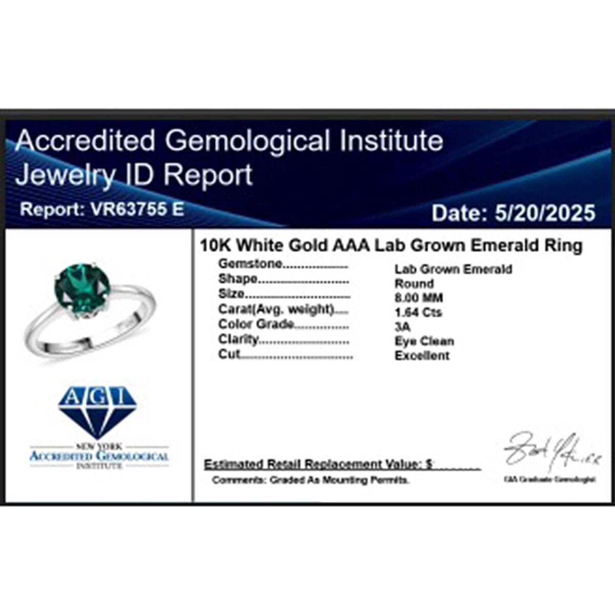 10K White Gold AAA Lab Grown Emerald Ring