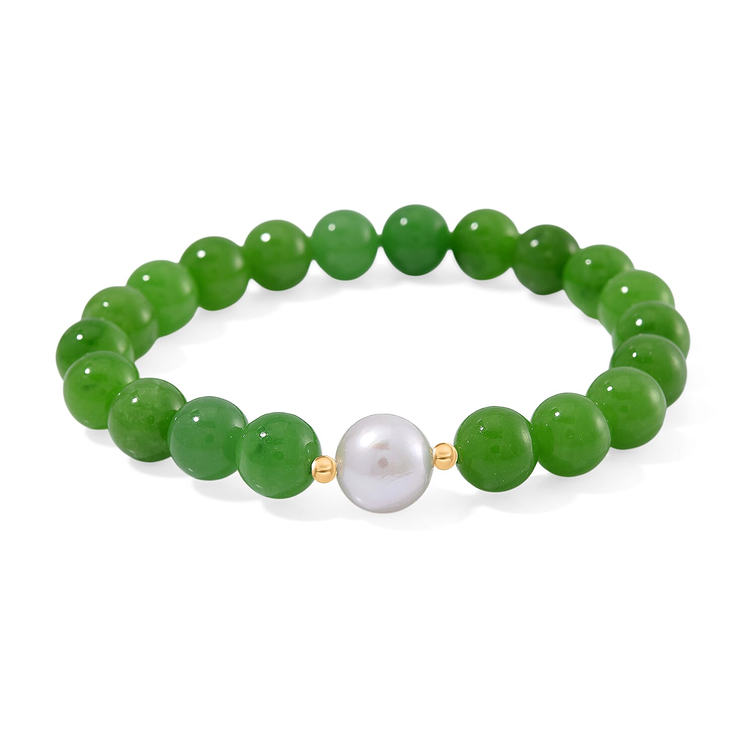 Edison Pearl & Green Jade Bracelet (Size - 7.5 Adjustable) in Yellow Gold Plated Sterling Silver 160.00 Ct.