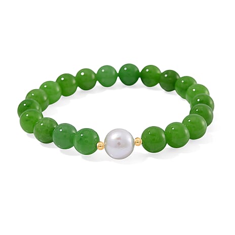 Edison Pearl & Green Jade Bracelet (Size - 7.5 Adjustable) in Yellow Gold Plated Sterling Silver 160.00 Ct.