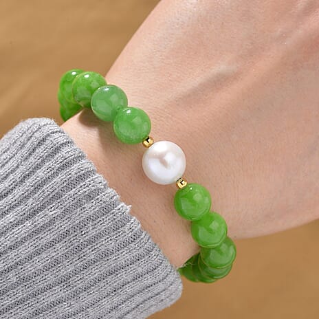 Edison Pearl & Green Jade Bracelet (Size - 7.5 Adjustable) in Yellow Gold Plated Sterling Silver 160.00 Ct.