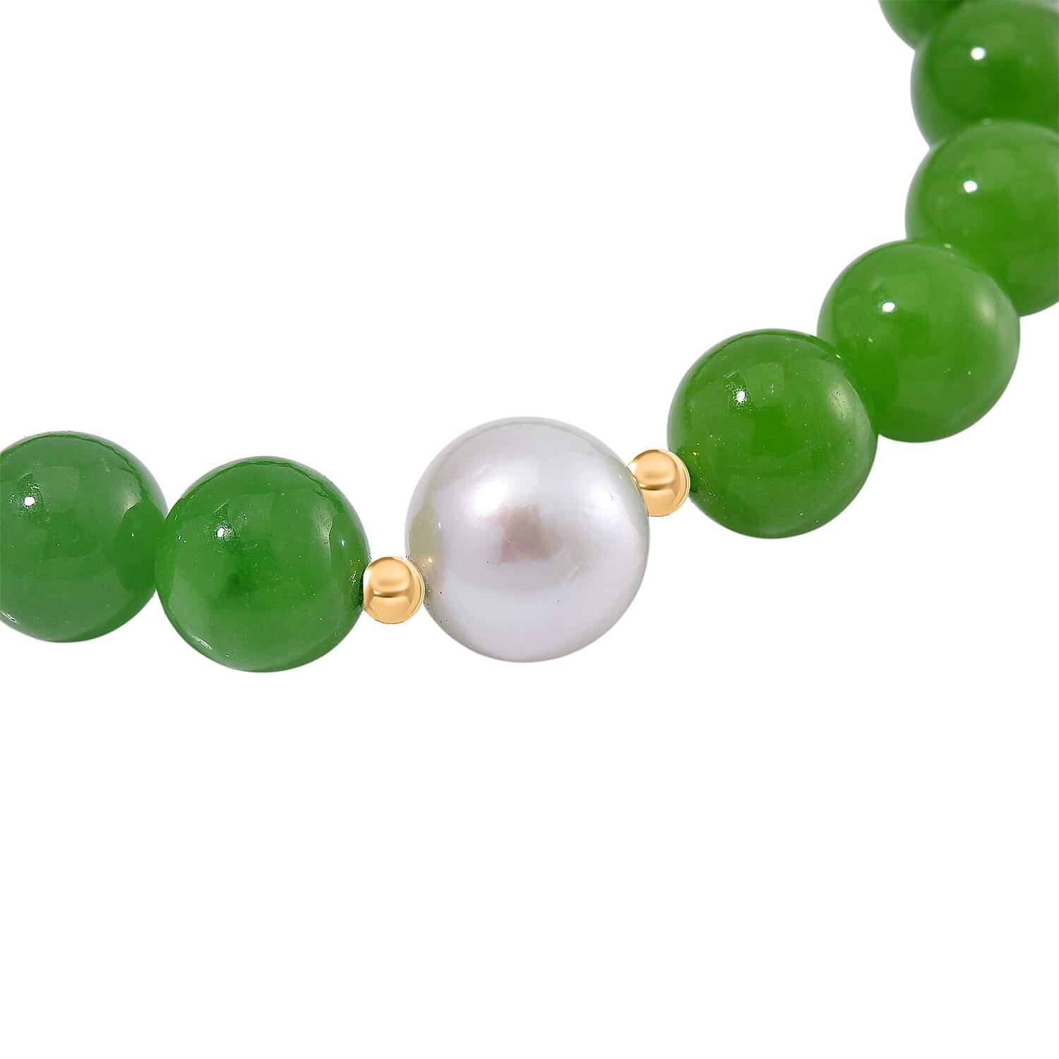 Edison Pearl & Green Jade Bracelet (Size - 7.5 Adjustable) in Yellow Gold Plated Sterling Silver 160.00 Ct.