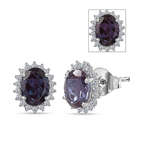 Luxuriant 10K White Gold AAA Lab Grown Alexandrite, Lab Grown Diamond GH, SI Main Stone With Side Stone Earring, Gold Wt.1.54 Gms  3.578  Ct.