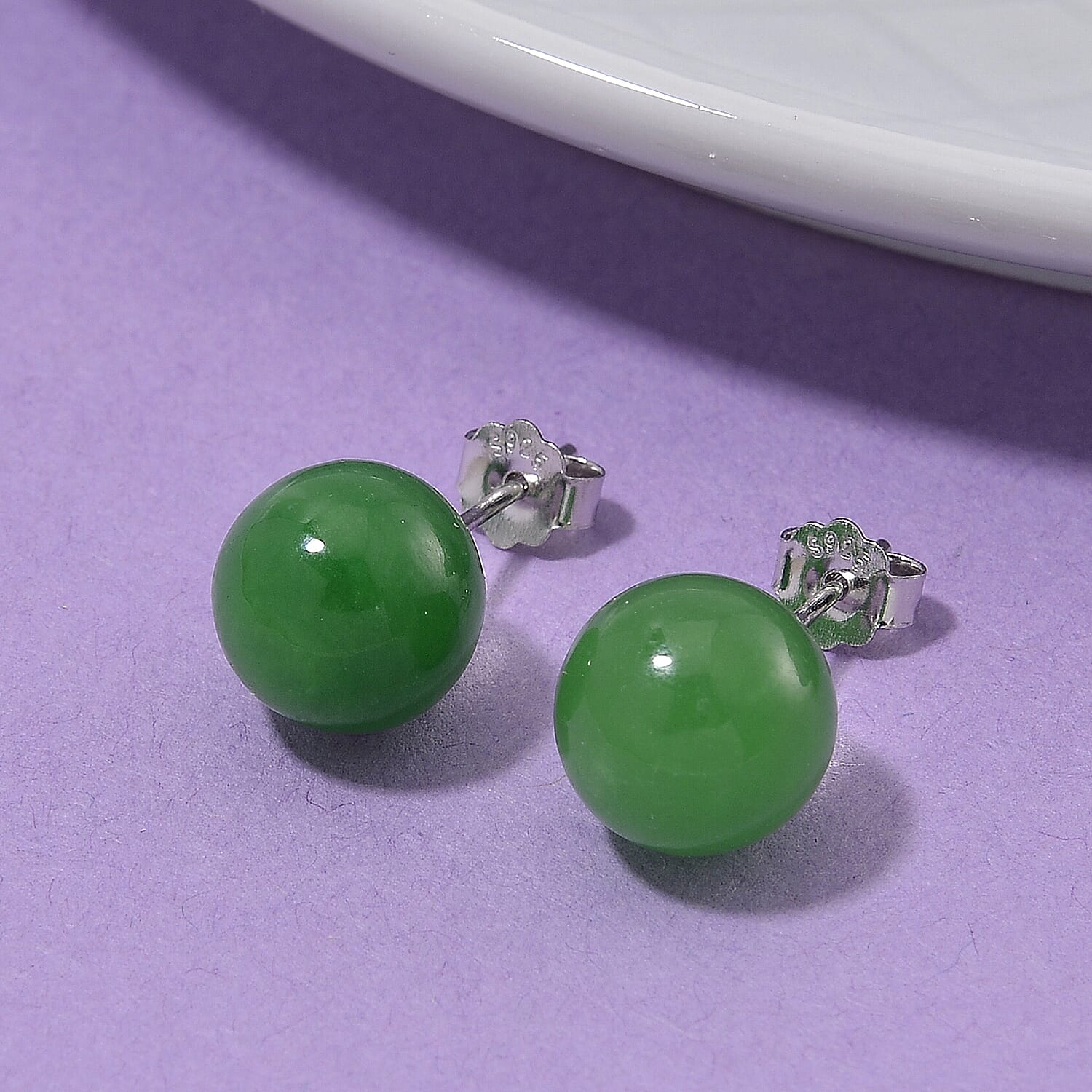 Enhanced Green Jade Earring (10mm) with Push Back in Rhodium Overlay Sterling Silver 15.00 Ct.