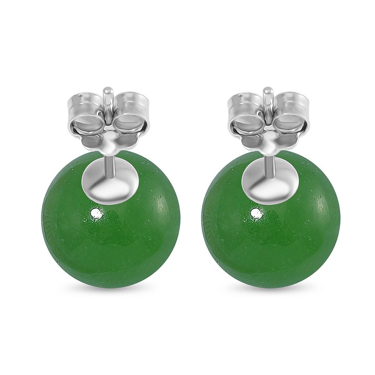 Enhanced Green Jade Earring (10mm) with Push Back in Rhodium Overlay Sterling Silver 15.00 Ct.