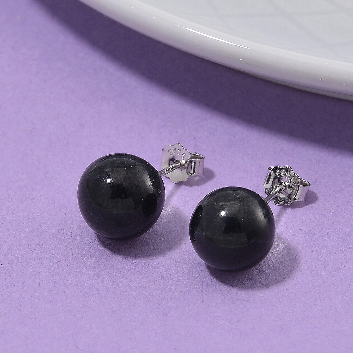 Black Jadeite Earrings with Push Backs in Rhodium Overlay Sterling Silver 15.00 Ct.