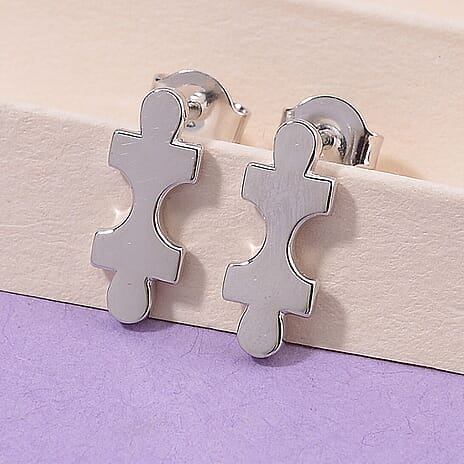 Lucy Q Puzzle Piece Stud Push Back Earrings in Rhodium Overlay Sterling Silver