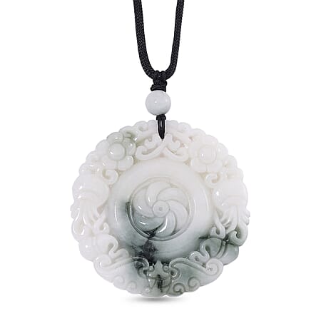 Natural White Jade Carved Floral Necklace With Cotton Cord  185.000  Ct.