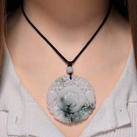 Natural White Jade Carved Floral Necklace With Cotton Cord  185.000  Ct.