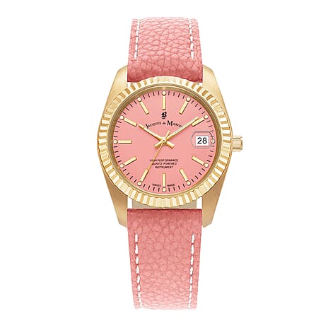 Jacques Du Manoir Inspiration Swiss Quartz Movt. 5ATM WR Pink Dial with Gold Case Ladies Watch with Leather Strap