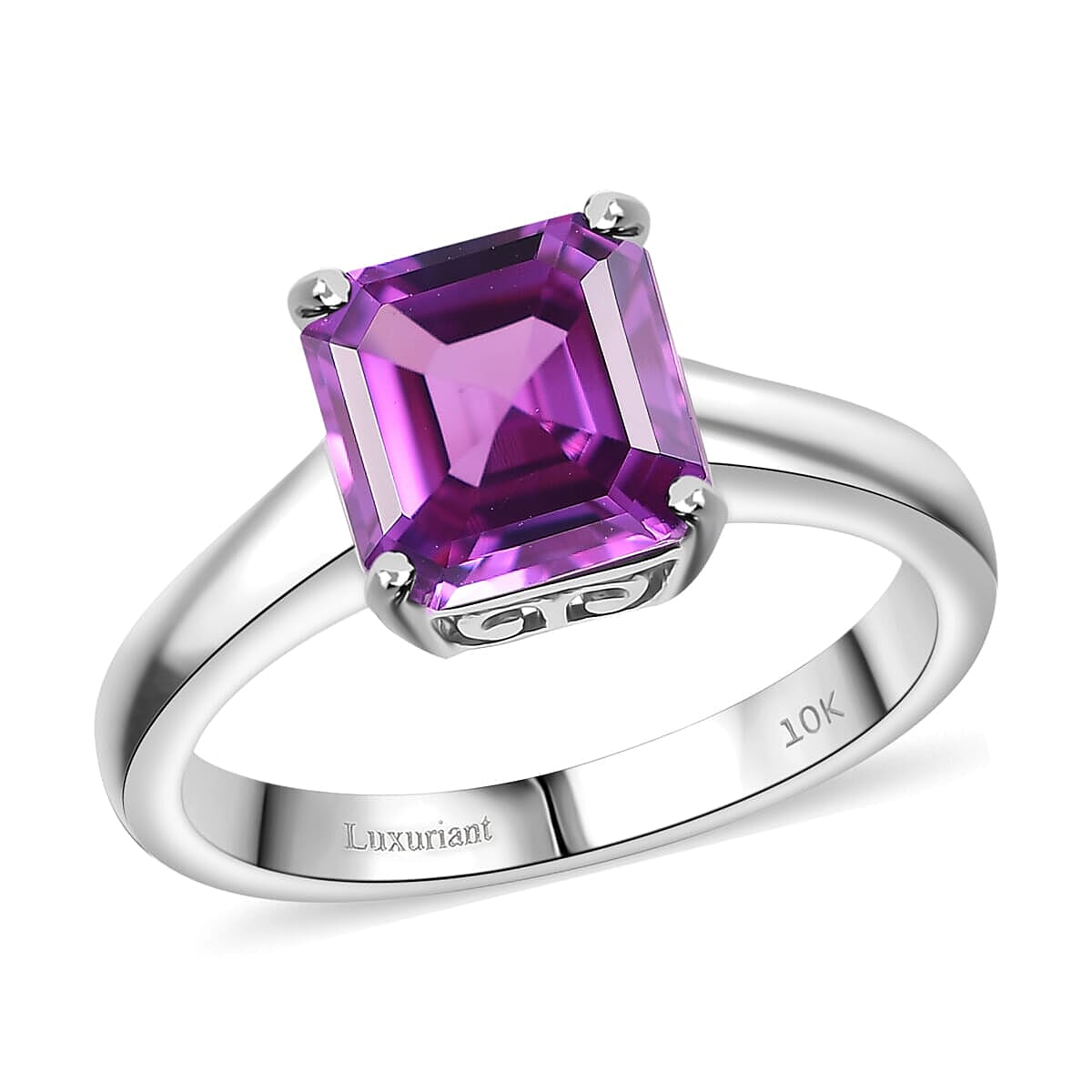 Certified & Appraised LUXURIANT Asscher Cut AAA Lab Grown Purple Sapphire Solitaire Ring in 10K White Gold 3.54 Ct.