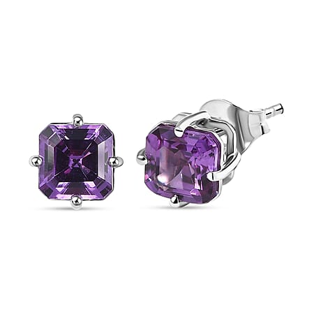 Certified and Appraised LUXURIANT Asscher Cut AAA Lab Grown Purple Sapphire Solitaire Stud Earrings in 9K White Gold 2.94 Ct.