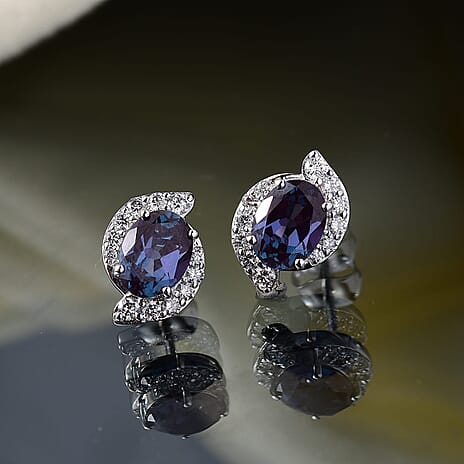 Luxuriant 10K White Gold AAA Lab Grown Alexandrite, Lab Grown Diamond GH, SI Fancy Earring, Gold Wt.2.49 Gms  3.718  Ct.
