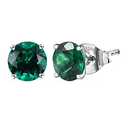 Appraised & Certified LUXURIANT 10K White Gold AAA Lab Grown Emerald Solitaire Stud Push Post Earring, 1.88 Ct.