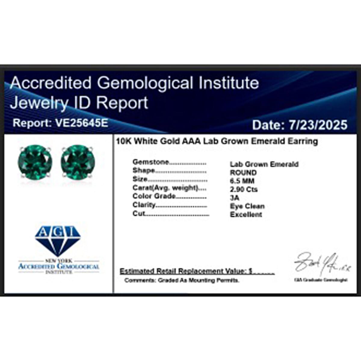 Luxuriant 9K White Gold AAA Lab Grown Emerald Solitaire Stud Push Post Earring 1.88 Ct.