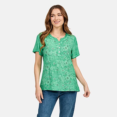 Mudflower 100% Cotton Sequin Neck Casual Top (Size 12) - Green