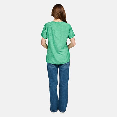 Mudflower 100% Cotton Sequin Neck Casual Top (Size 16) - Green