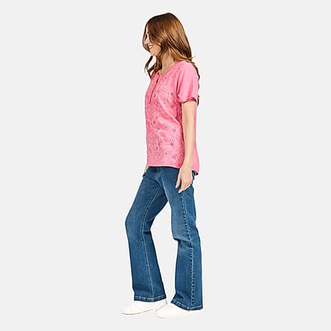 Mudflower 100% Cotton Sequin Neck Casual Top (Size 14) - Pink