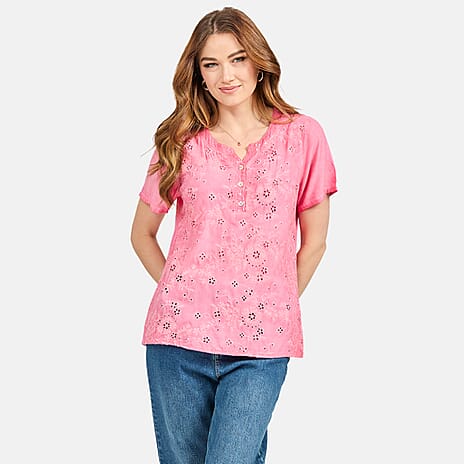 Mudflower 100% Cotton Sequin Neck Casual Top (Size 18) - Pink