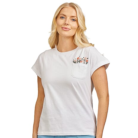 Mudflower 100% Cotton Flower Embroidery T-Shirt (Size 14) - White