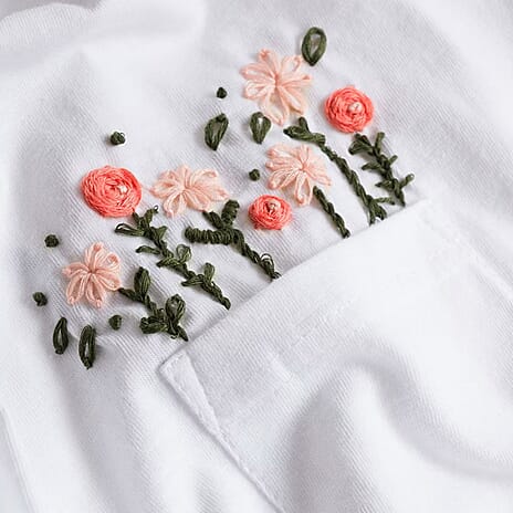 Mudflower 100% Cotton Flower Embroidery T-Shirt (Size 16) - White