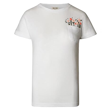 Mudflower 100% Cotton Flower Embroidery T-Shirt (Size 18) - White
