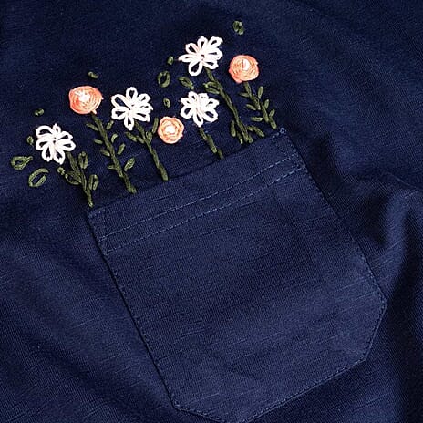 Mudflower 100% Cotton Flower Embroidery T-Shirt (Size 12) - Navy