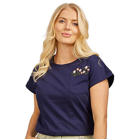 BRAND NEW FASHION LAUNCH - Mudflower 100% Cotton Flower Embroidery T-Shirt (Size 10) - Navy