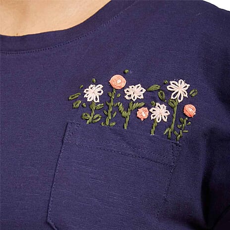 BRAND NEW FASHION LAUNCH - Mudflower 100% Cotton Flower Embroidery T-Shirt (Size 10) - Navy