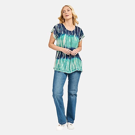 Mudflower 100% Viscose Patterned Top (Size 14) - Navy - Turquoise