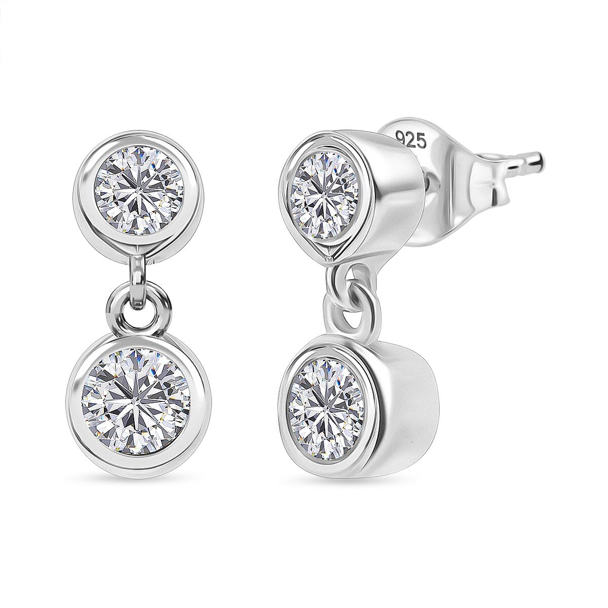 Swarovski Zirconia Solitaire Stud Push Back Earrings in Rhodium Overlay Sterling Silver 1.31 Ct.
