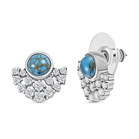 Tucson Find- Blue Turquoise & White Zircon Stud Push Back Earring 3.55 Ct.