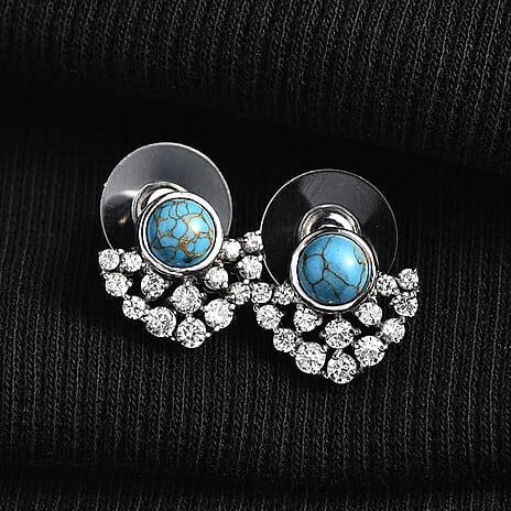 Tucson Find- Blue Turquoise & White Zircon Stud Push Back Earring 3.55 Ct.