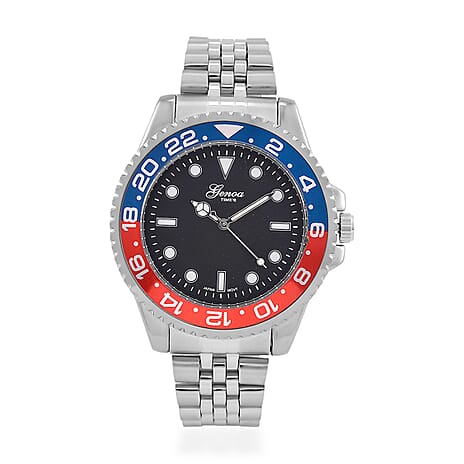 GENOA TIME V2 Miyota 2035 Japan Movt. 3ATM Water Resistant Pepsi Bezel Black Dial Mens Watch with Silver Colour Stainless Steel Strap