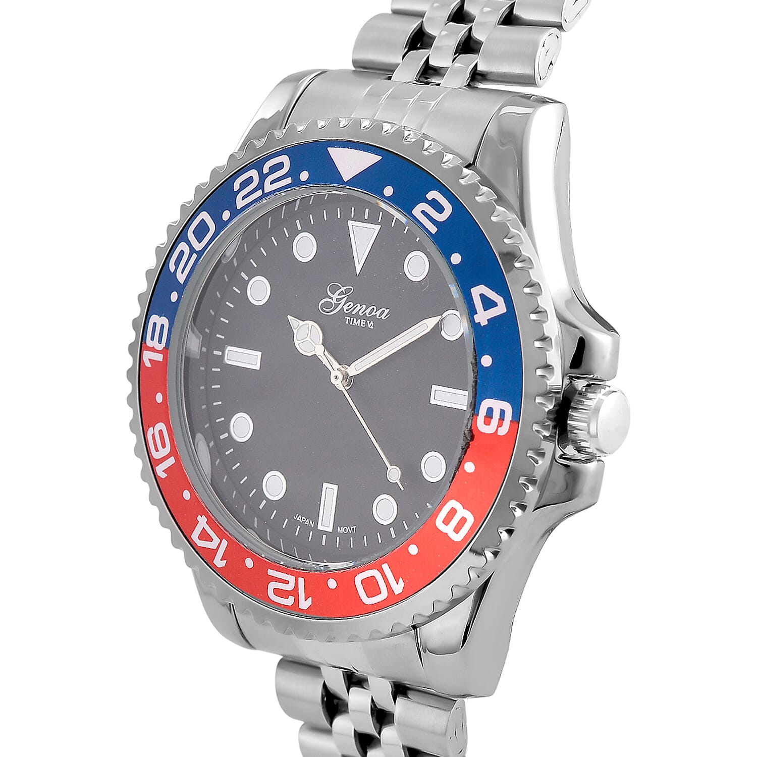 GENOA TIME V2 Miyota 2035 Japan Movt. 3ATM Water Resistant Pepsi Bezel Black Dial Mens Watch with Silver Colour Stainless Steel Strap