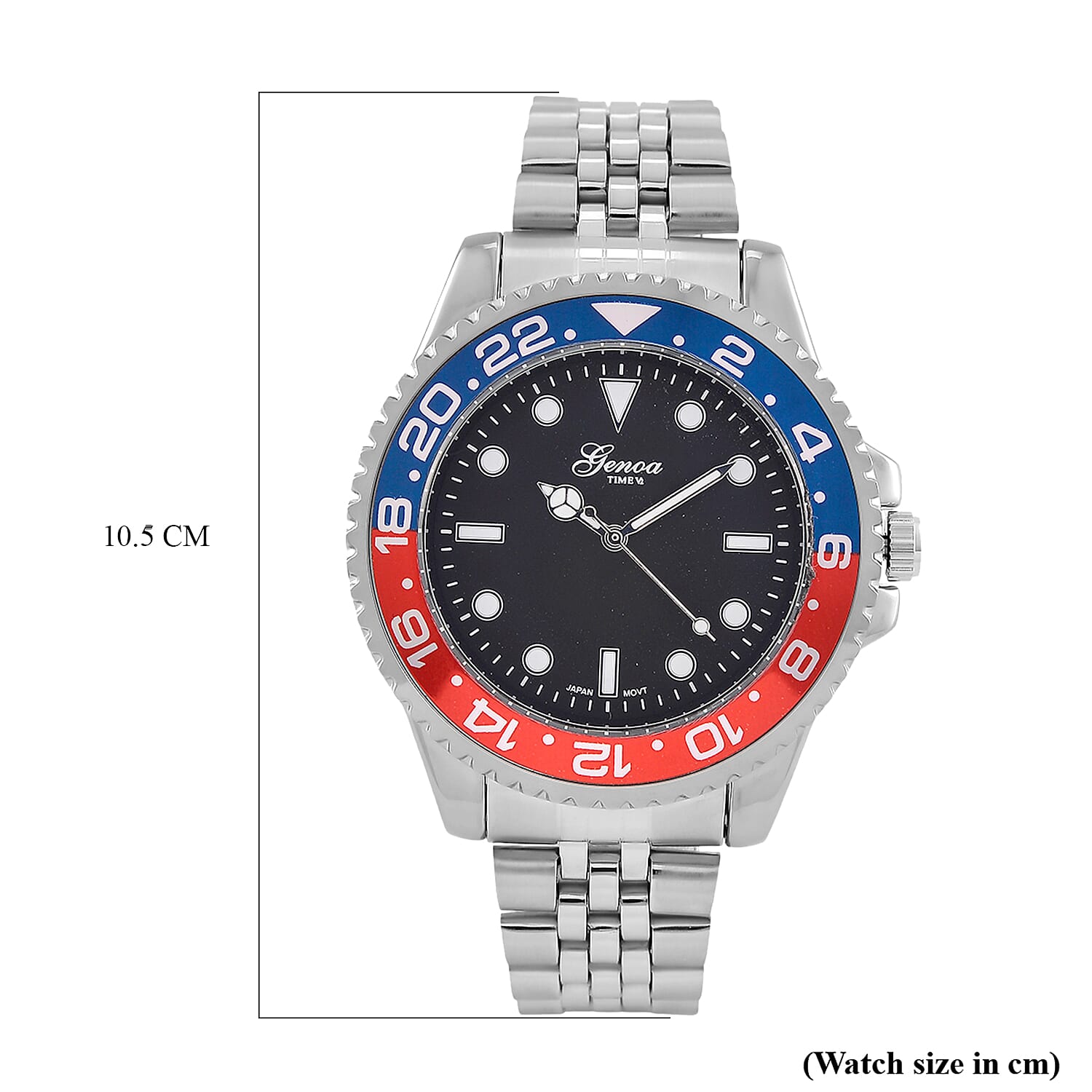 GENOA TIME V2 Miyota 2035 Japan Movt. 3ATM Water Resistant Pepsi Bezel Black Dial Mens Watch with Silver Colour Stainless Steel Strap