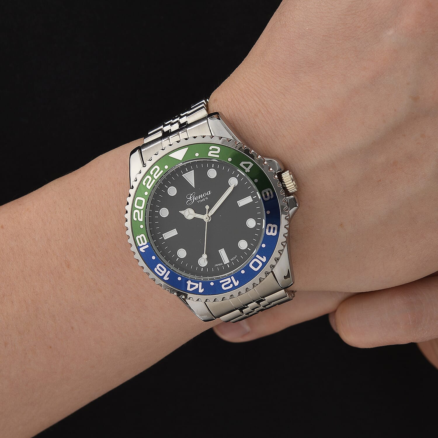 GENOA TIME V2 Miyota 2035 Japan Movt. 3ATM Water Resistant Black Dial Mens Watch with Silver Colour Stainless Steel Strap and Green-Blue Bezel
