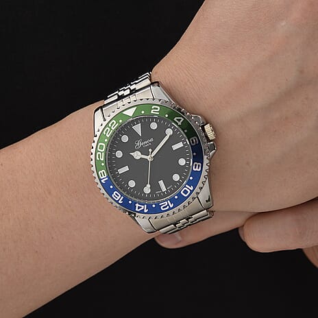 GENOA TIME V2 Miyota 2035 Japan Movt. 3ATM Water Resistant Black Dial Mens Watch with Silver Colour Stainless Steel Strap and Green-Blue Bezel