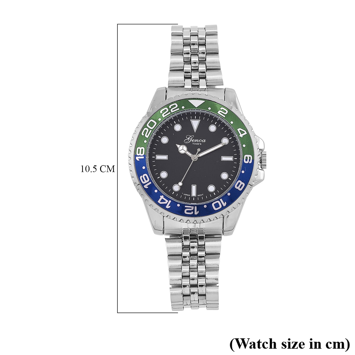 GENOA TIME V2 Miyota 2035 Japan Movt. 3ATM Water Resistant Black Dial Mens Watch with Silver Colour Stainless Steel Strap and Green-Blue Bezel