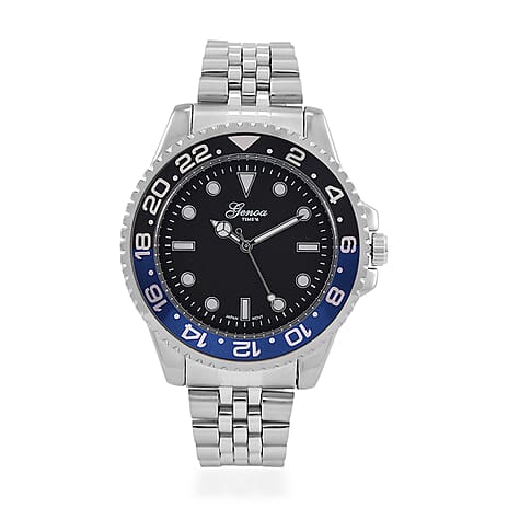 GENOA TIME V2 Miyota 2035 Japan Movt. 3ATM Water Resistant Black Dial Mens Watch with Silver Colour Stainless Steel Strap and Black-Blue Bezel