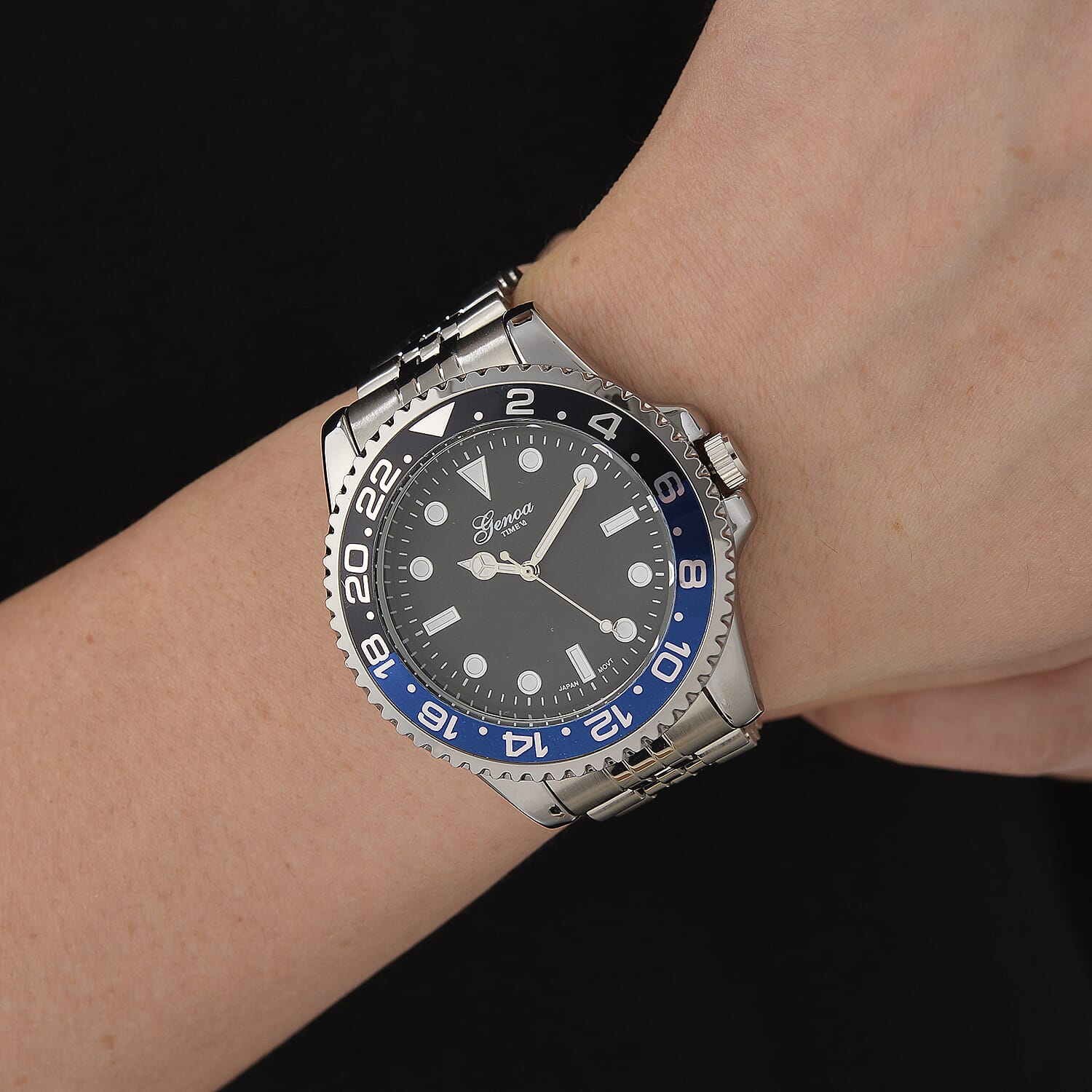 GENOA TIME V2 Miyota 2035 Japan Movt. 3ATM Water Resistant Black Dial Mens Watch with Silver Colour Stainless Steel Strap and Black-Blue Bezel