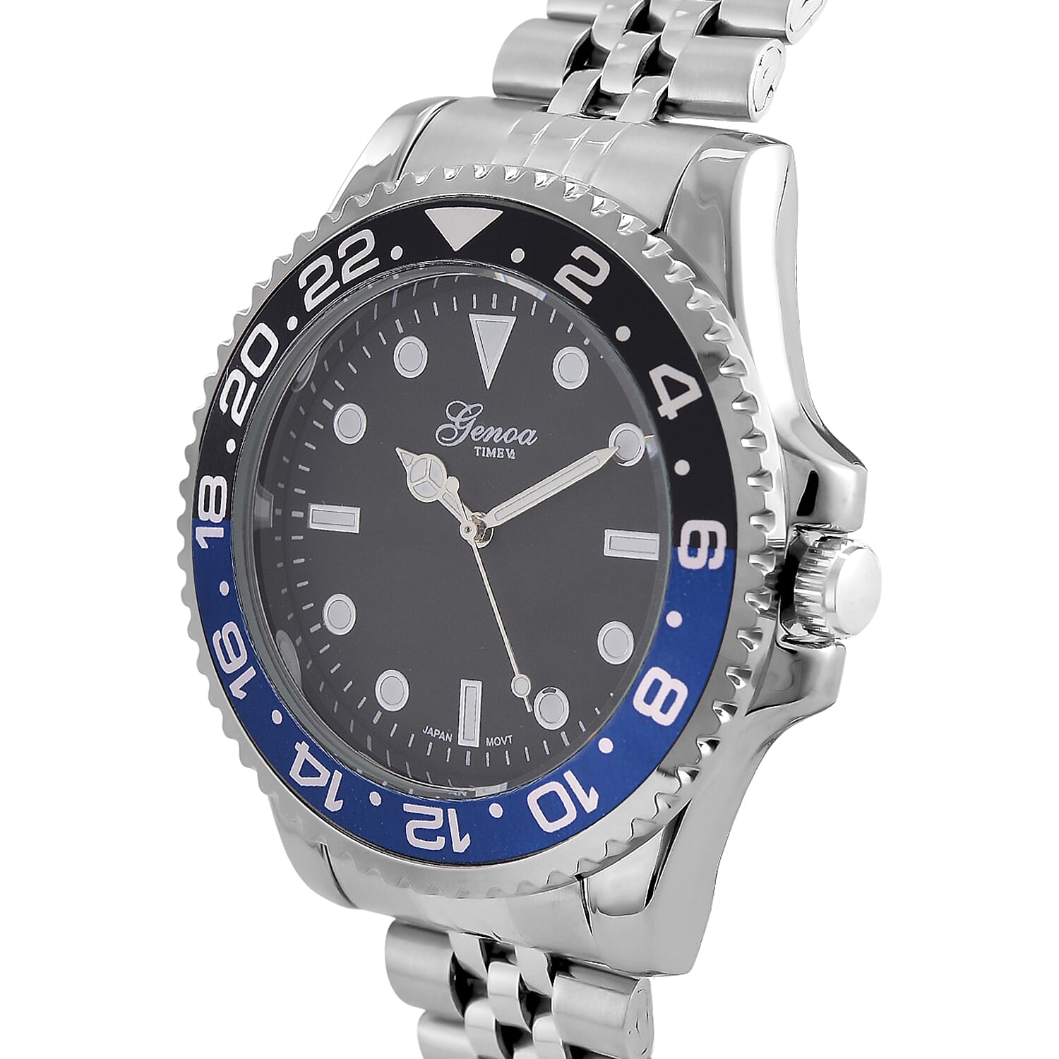 GENOA TIME V2 Miyota 2035 Japan Movt. 3ATM Water Resistant Black Dial Mens Watch with Silver Colour Stainless Steel Strap and Black-Blue Bezel