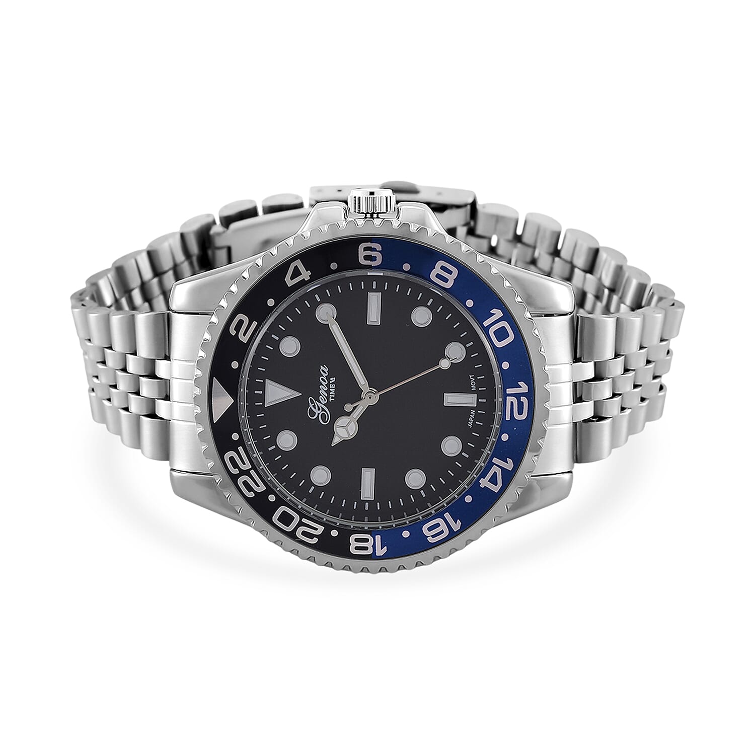 GENOA TIME V2 Miyota 2035 Japan Movt. 3ATM Water Resistant Black Dial Mens Watch with Silver Colour Stainless Steel Strap and Black-Blue Bezel