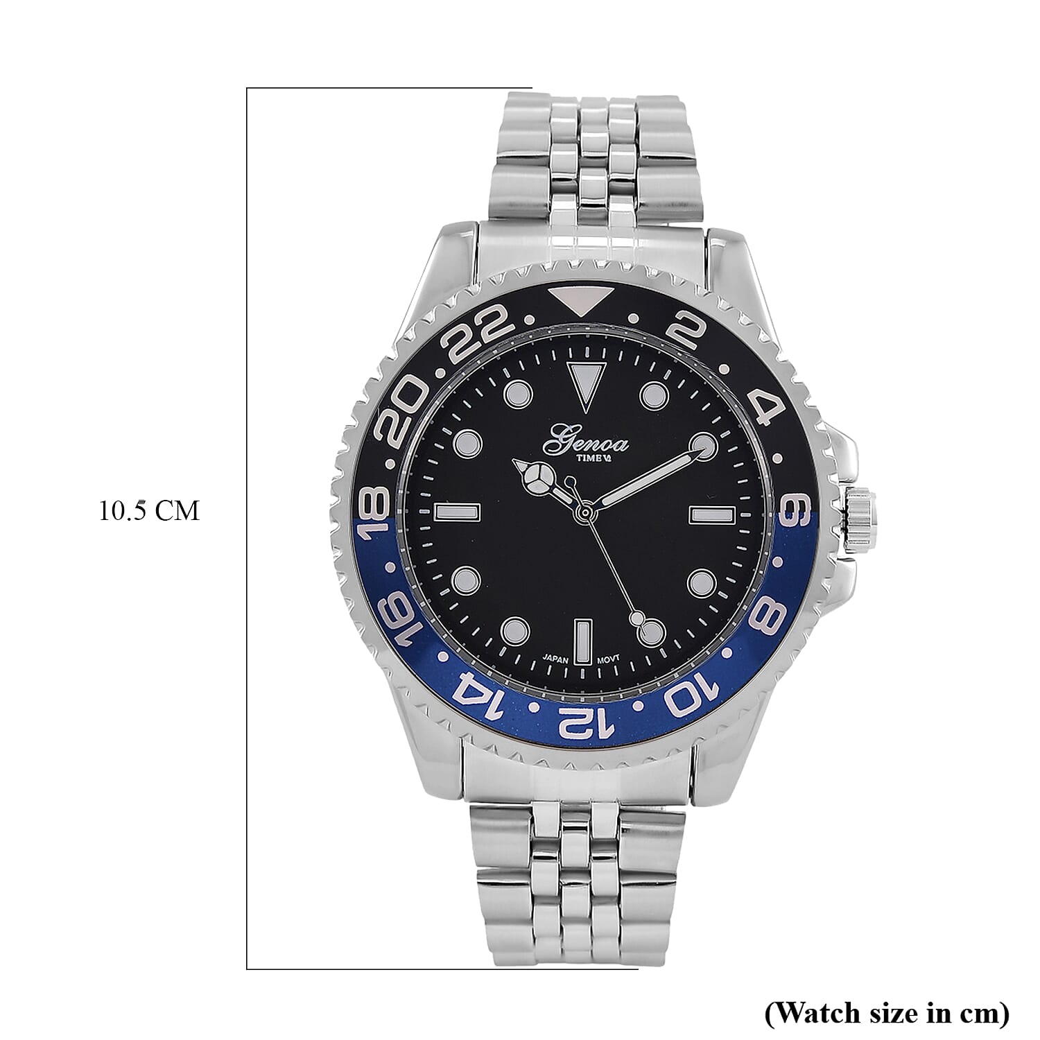 GENOA TIME V2 Miyota 2035 Japan Movt. 3ATM Water Resistant Black Dial Mens Watch with Silver Colour Stainless Steel Strap and Black-Blue Bezel