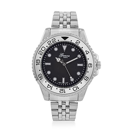 GENOA TIME V2 Miyota 2035 Japan Movt. 3ATM Water Resistant Black Dial Mens Watch with Silver Colour Stainless Steel Strap and Silver Bezel