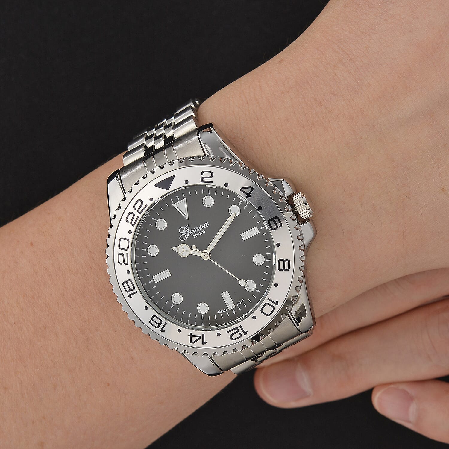 GENOA TIME V2 Miyota 2035 Japan Movt. 3ATM Water Resistant Black Dial Mens Watch with Silver Colour Stainless Steel Strap and Silver Bezel